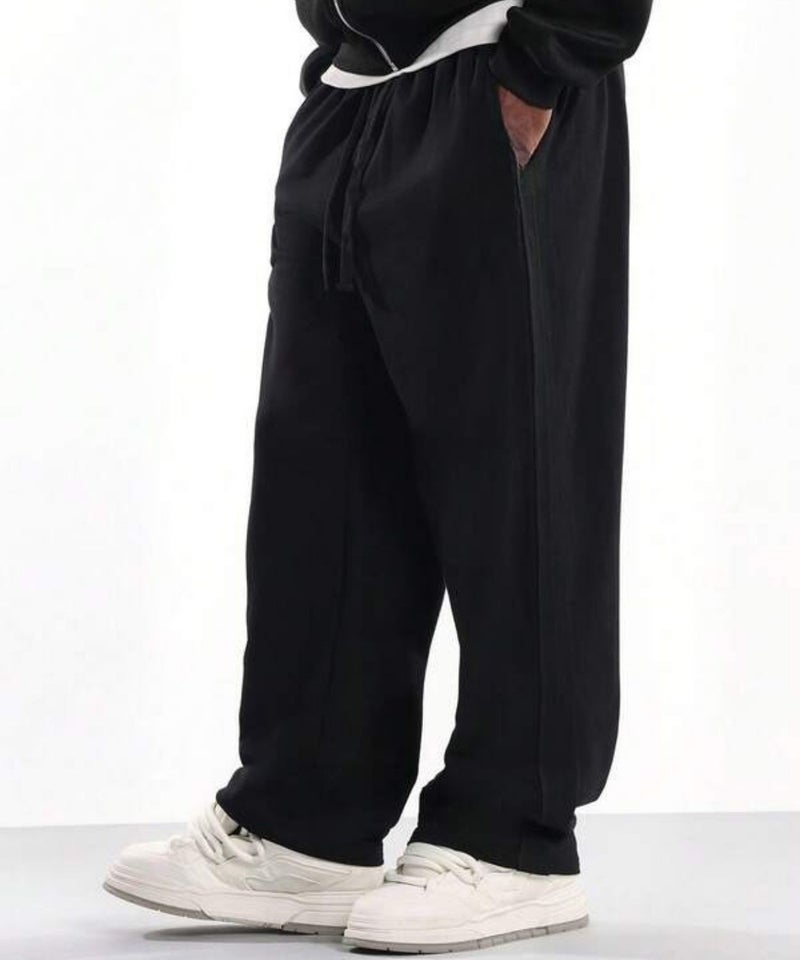 فلاينوف بنطال رياضي رجالي أسود سادة فاخر من الصوف الثقيل بقصة مريحة مع رباط قابل للتعديل - Image 1